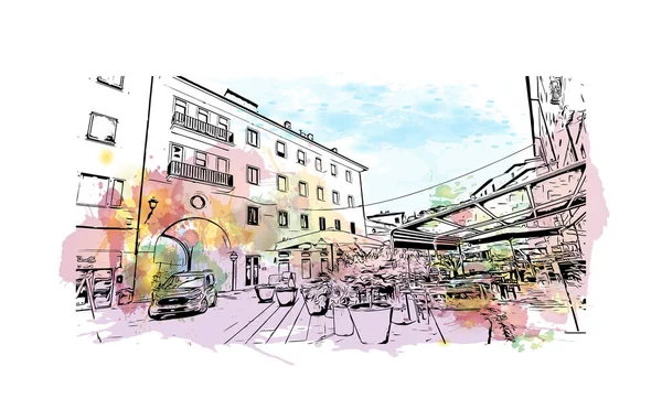 Print Building View Landmark Porto Ferraio Town Italy Watercolor Splash — Stock Vector