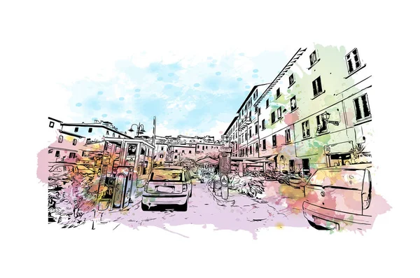 포르트 Porto Ferraio 랜드마크가 이탈리아의 도시이다 벡터에 손으로 스케치 수채화 — 스톡 벡터