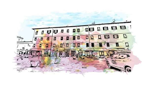 Print Building View Landmark Porto Ferraio Olaszország Városa Akvarell Splash — Stock Vector