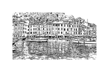 Print Building view with landmark of Portofino is the comune in Italy. vektörde çizim çizimi.
