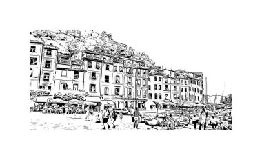 Print Building view with landmark of Portofino is the comune in Italy. vektörde çizim çizimi.