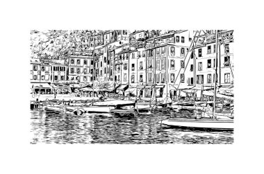 Print Building view with landmark of Portofino is the comune in Italy. vektörde çizim çizimi.