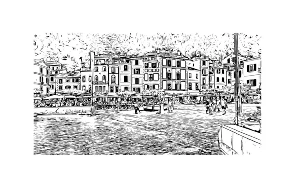 Print Building View Landmark Portofino Comune Italy Desenhado Ilustração Esboço — Vetor de Stock
