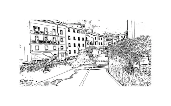 Imprimir Vista Del Edificio Con Hito Portofino Comuna Italia Ilustración — Archivo Imágenes Vectoriales