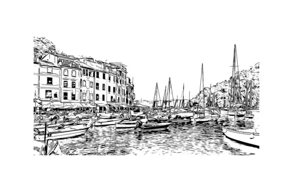 Imprimer Commune Italienne Portofino Offre Une Vue Imprenable Sur Bâtiment — Image vectorielle