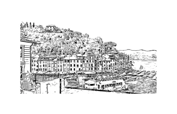 Print Building View Landmark Portofino Comune Italy Vektörde Çizim Çizimi — Stok Vektör