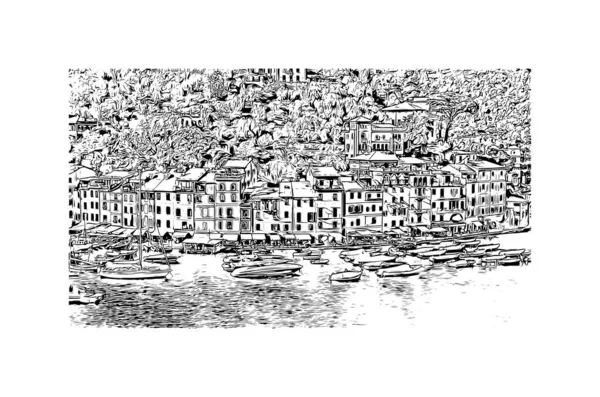 stock vector Print Building view with landmark of Portofino is the comune in Italy. Hand drawn sketch illustration in vector.