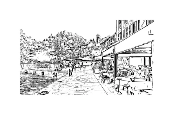 印刷Portofinoのランドマークとビルの景色はイタリアのコミューンです 手描きのスケッチ図ベクトル — ストックベクタ