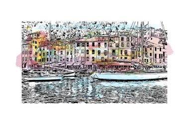 Print Building view with landmark of Portofino is the comune in Italy. Vektörde elle çizilmiş resim ile suluboya sıçraması.