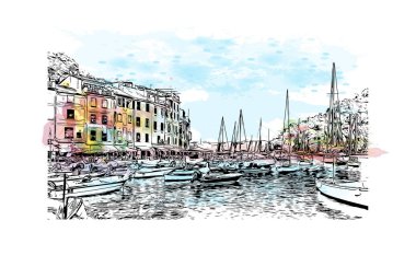 Print Building view with landmark of Portofino is the comune in Italy. Vektörde elle çizilmiş resim ile suluboya sıçraması.