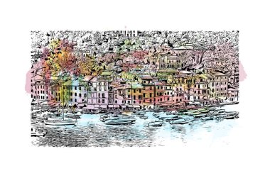 Print Building view with landmark of Portofino is the comune in Italy. Vektörde elle çizilmiş resim ile suluboya sıçraması.