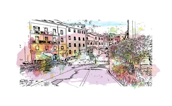 Print Building View Landmark Portofino Comune Italy Watercolor Splash Hand — Stock Vector