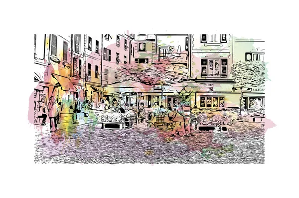 印刷Portofinoのランドマークとビルの景色はイタリアのコミューンです 手描きのスケッチイラストと水彩スプラッシュベクトル — ストックベクタ