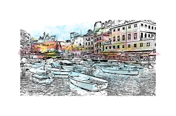 带有波尔图菲诺地标的印刷建筑景观是意大利的公社 矢量手绘示意图水彩画 — 图库矢量图片