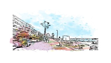 Quarteira, Portekiz 'in Quarteira eyaletinde yer alan bir şehirdir. Vektörde elle çizilmiş resim ile suluboya sıçraması.