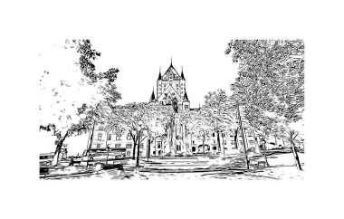 Quebec şehrinin simgesi olan Print Building manzarası Kanada 'daki Saint Lawrence Nehri üzerinde yer almaktadır. Vektörde elle çizilmiş çizim çizimi.