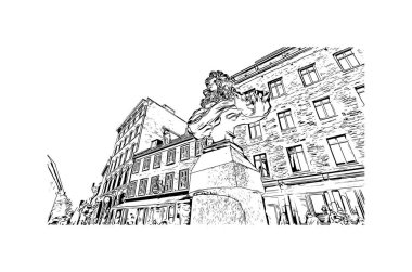 Quebec şehrinin simgesi olan Print Building manzarası Kanada 'daki Saint Lawrence Nehri üzerinde yer almaktadır. Vektörde elle çizilmiş çizim çizimi.