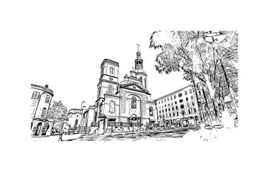 Quebec şehrinin simgesi olan Print Building manzarası Kanada 'daki Saint Lawrence Nehri üzerinde yer almaktadır. Vektörde elle çizilmiş çizim çizimi.