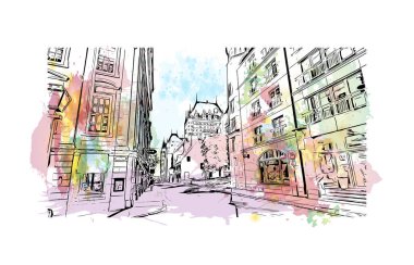 Quebec şehrinin simgesi olan Print Building manzarası Kanada 'daki Saint Lawrence Nehri üzerinde yer almaktadır. Vektörde elle çizilmiş resim ile suluboya sıçraması.