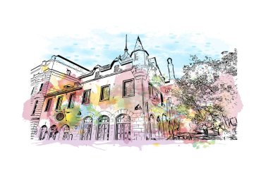 Quebec şehrinin simgesi olan Print Building manzarası Kanada 'daki Saint Lawrence Nehri üzerinde yer almaktadır. Vektörde elle çizilmiş resim ile suluboya sıçraması.