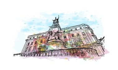 Quebec şehrinin simgesi olan Print Building manzarası Kanada 'daki Saint Lawrence Nehri üzerinde yer almaktadır. Vektörde elle çizilmiş resim ile suluboya sıçraması.