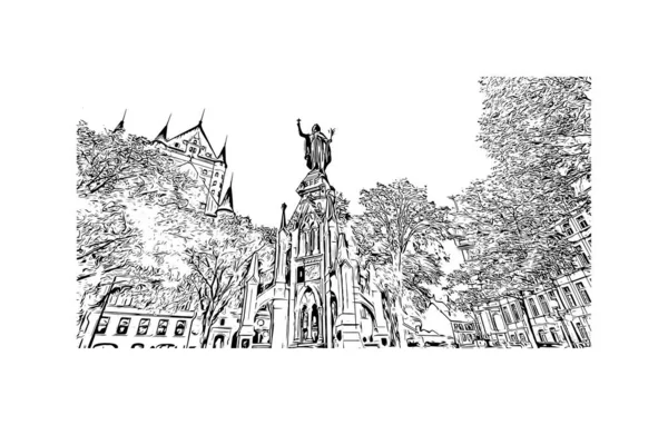 印刷カナダのセントローレンス川に位置するケベック市のランドマークとビルの景色 手描きのスケッチ図ベクトル — ストックベクタ
