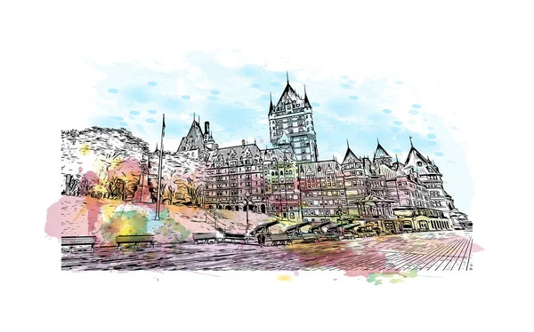 stock vector Print Building view with landmark of Quebec City sits on the Saint Lawrence River in Canada. Watercolor splash with hand drawn sketch illustration in vector.