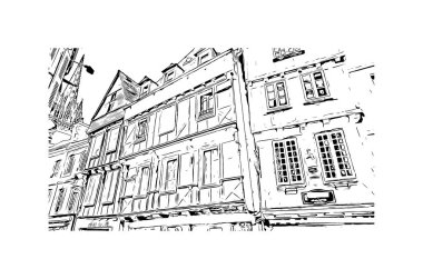 Quimper 'ın simgesi olan Print Building view Fransa' da bir komün. Vektörde elle çizilmiş çizim çizimi.