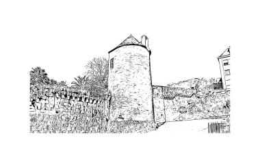 Quimper 'ın simgesi olan Print Building view Fransa' da bir komün. Vektörde elle çizilmiş çizim çizimi.