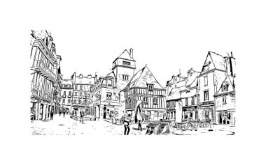 Quimper 'ın simgesi olan Print Building view Fransa' da bir komün. Vektörde elle çizilmiş çizim çizimi.