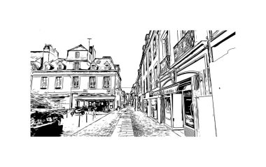 Quimper 'ın simgesi olan Print Building view Fransa' da bir komün. Vektörde elle çizilmiş çizim çizimi.