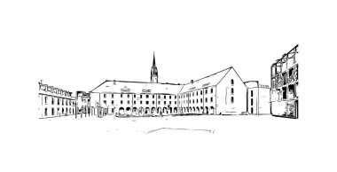 Quimper 'ın simgesi olan Print Building view Fransa' da bir komün. Vektörde elle çizilmiş çizim çizimi.
