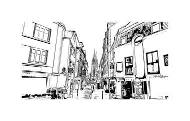 Quimper 'ın simgesi olan Print Building view Fransa' da bir komün. Vektörde elle çizilmiş çizim çizimi.