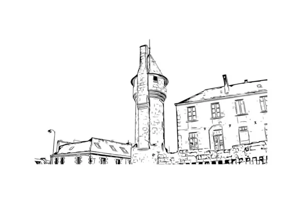 Print Building View Landmark Quimper Commune France Kézzel Rajzolt Vázlat — Stock Vector
