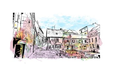 Quimper 'ın simgesi olan Print Building view Fransa' da bir komün. Vektörde elle çizilmiş resim ile suluboya sıçraması.