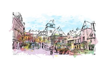 Quimper 'ın simgesi olan bina Fransa' da bir komün. Vektörde elle çizilmiş resim ile suluboya sıçraması.