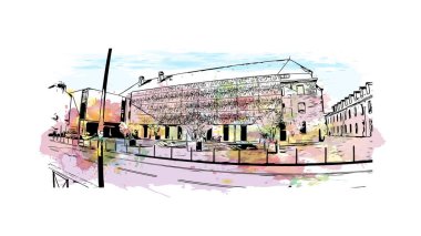 Quimper 'ın simgesi olan bina Fransa' da bir komün. Vektörde elle çizilmiş resim ile suluboya sıçraması.