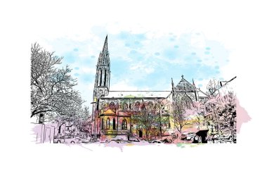 Quimper 'ın simgesi olan bina Fransa' da bir komün. Vektörde elle çizilmiş resim ile suluboya sıçraması.