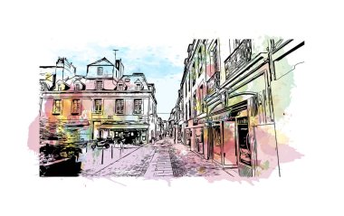 Quimper 'ın simgesi olan bina Fransa' da bir komün. Vektörde elle çizilmiş resim ile suluboya sıçraması.