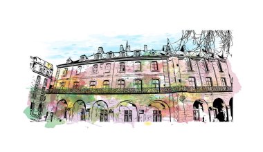 Quimper 'ın simgesi olan bina Fransa' da bir komün. Vektörde elle çizilmiş resim ile suluboya sıçraması.