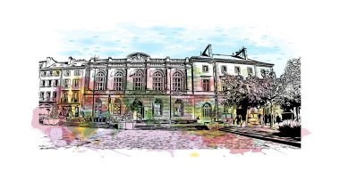 Quimper 'ın simgesi olan bina Fransa' da bir komün. Vektörde elle çizilmiş resim ile suluboya sıçraması.