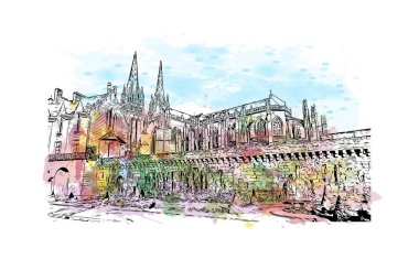 Quimper 'ın simgesi olan bina Fransa' da bir komün. Vektörde elle çizilmiş resim ile suluboya sıçraması.