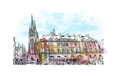 Quimper 'ın simgesi olan bina Fransa' da bir komün. Vektörde elle çizilmiş resim ile suluboya sıçraması.