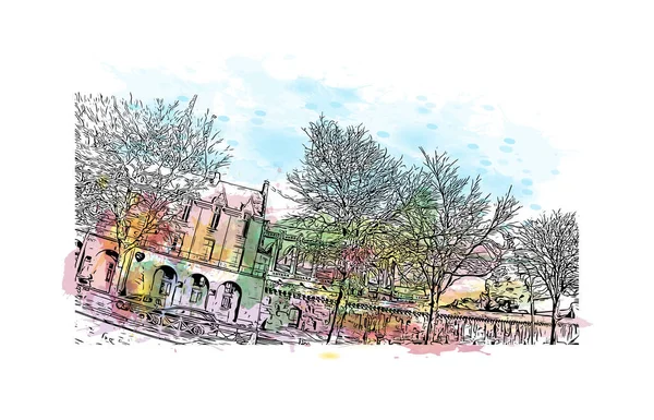 Quimperのランドマークと建物の景色はフランスのコミューンです 手描きのスケッチイラストと水彩スプラッシュベクトル — ストックベクタ