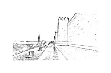 Print Building view with landmark of Rabat is the capital of Morocco. Vektörde elle çizilmiş çizim çizimi.