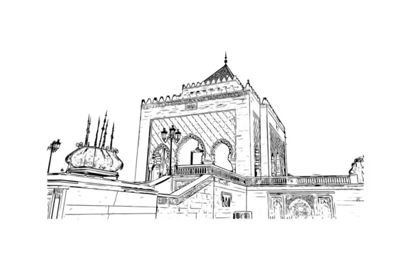 具有拉巴特地标的印刷厂是摩洛哥的首都 矢量手绘草图 — 图库矢量图片
