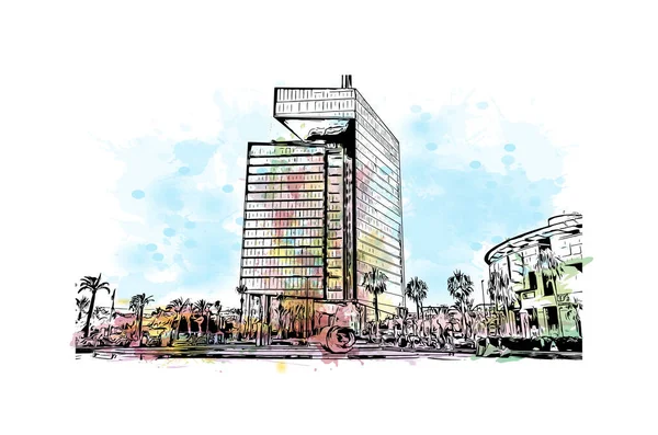Print Building View Landmark Rabat Huvudstaden Marocko Akvarell Stänk Med — Stock vektor