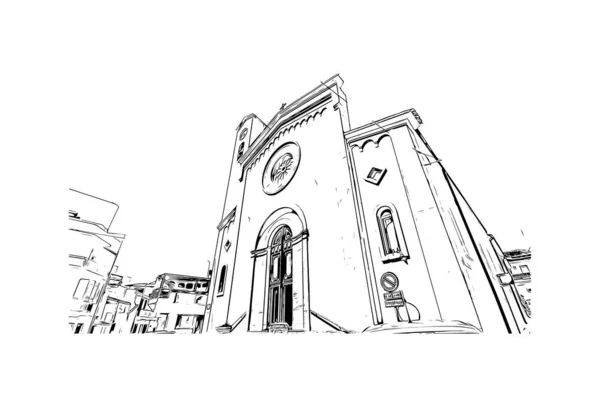 Drukuj Widok Budynku Znakiem Rozpoznawczym Ragusa Miasto Włoszech Ręcznie Rysowany — Wektor stockowy