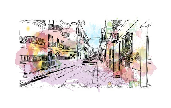 印刷ラグーザのランドマークとビルの景色はイタリアの街です 手描きのスケッチイラストと水彩スプラッシュベクトル — ストックベクタ