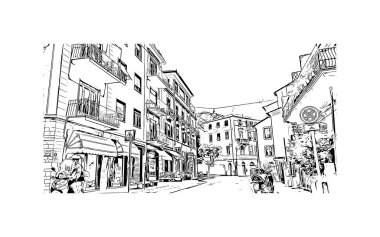 Print Building view with landmark of Rapallo, İtalya 'da bir şehirdir. Vektörde elle çizilmiş çizim çizimi.